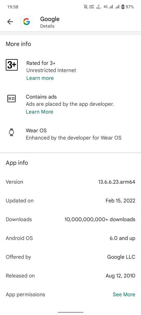 App info section in Google Play Store