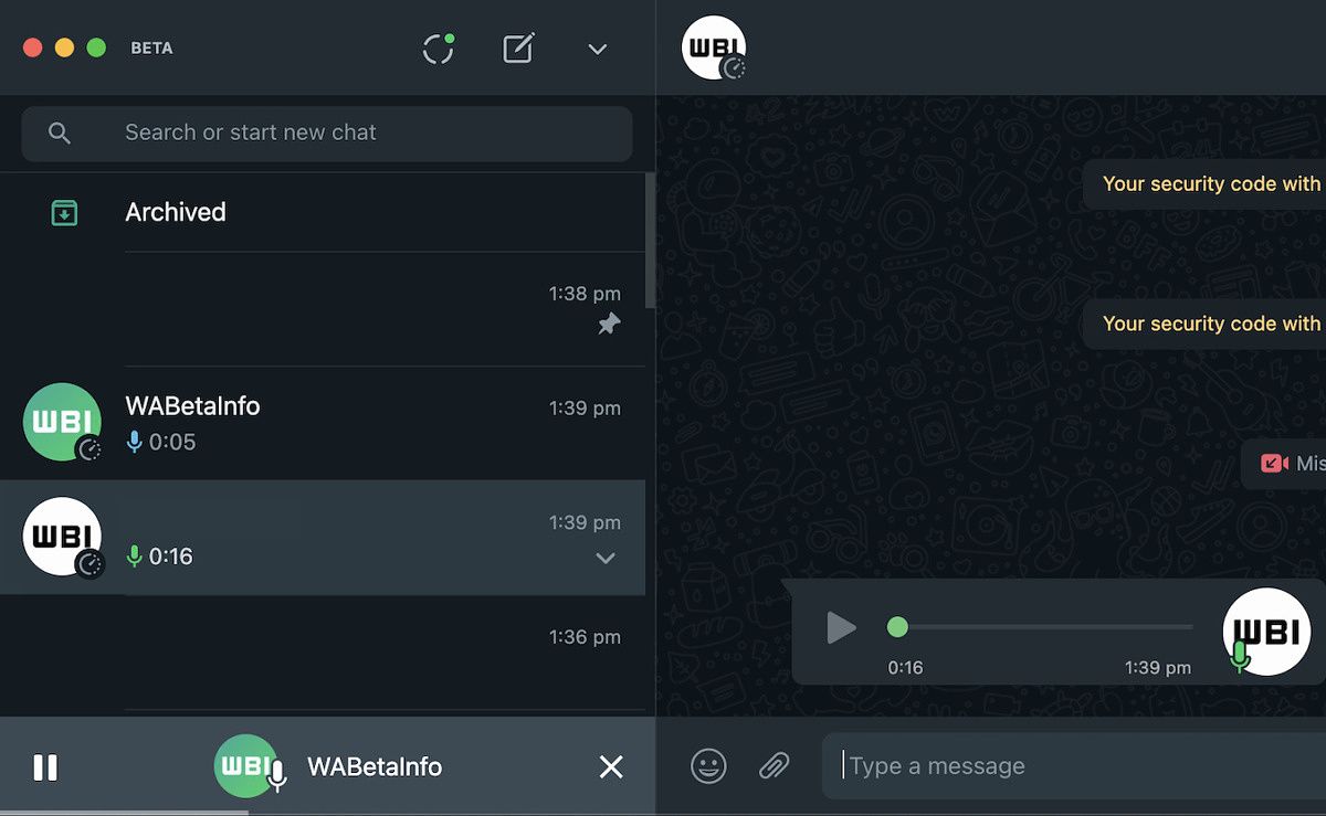 WhatsApp desktop app playing a voice note