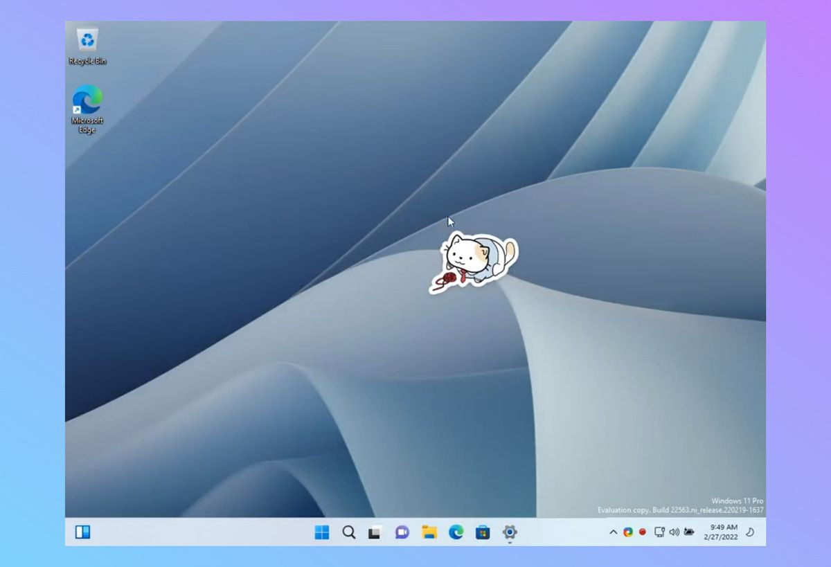 A Windows 11 desktop with a cat sticker applied to the wallpaper