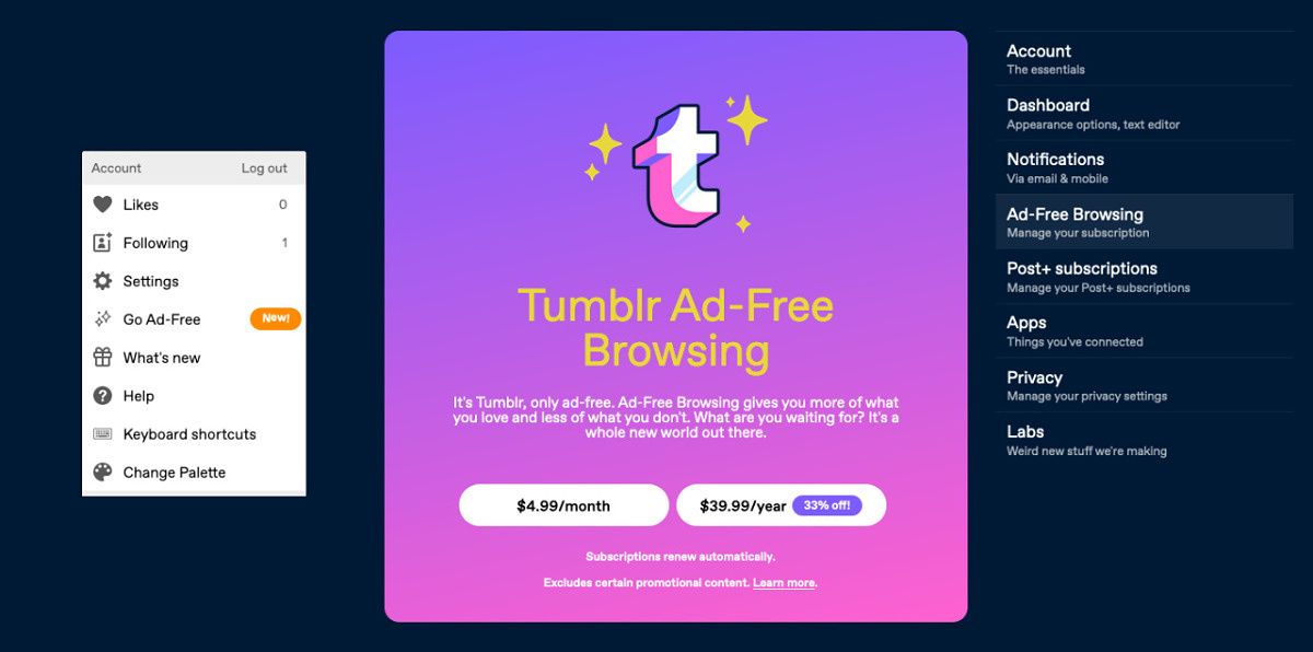 Tumblr Ad-Free browsing screenshot