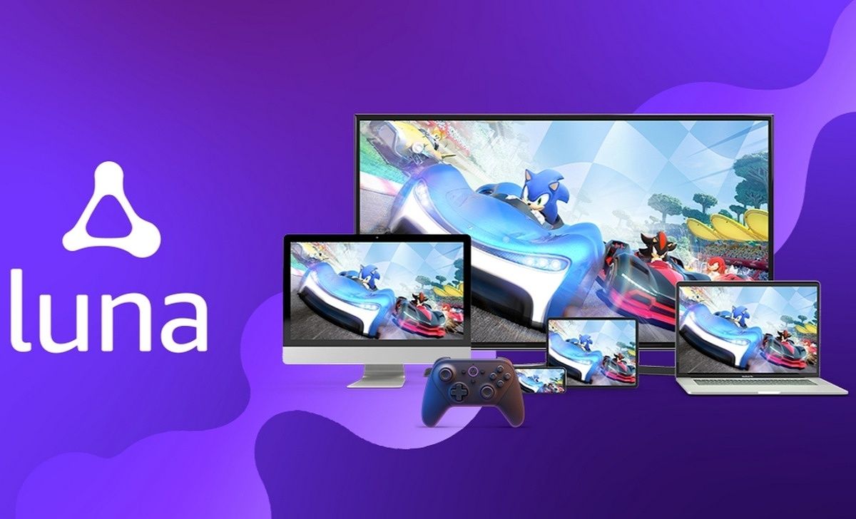 Amazon Luna logo with various devices displaying a game