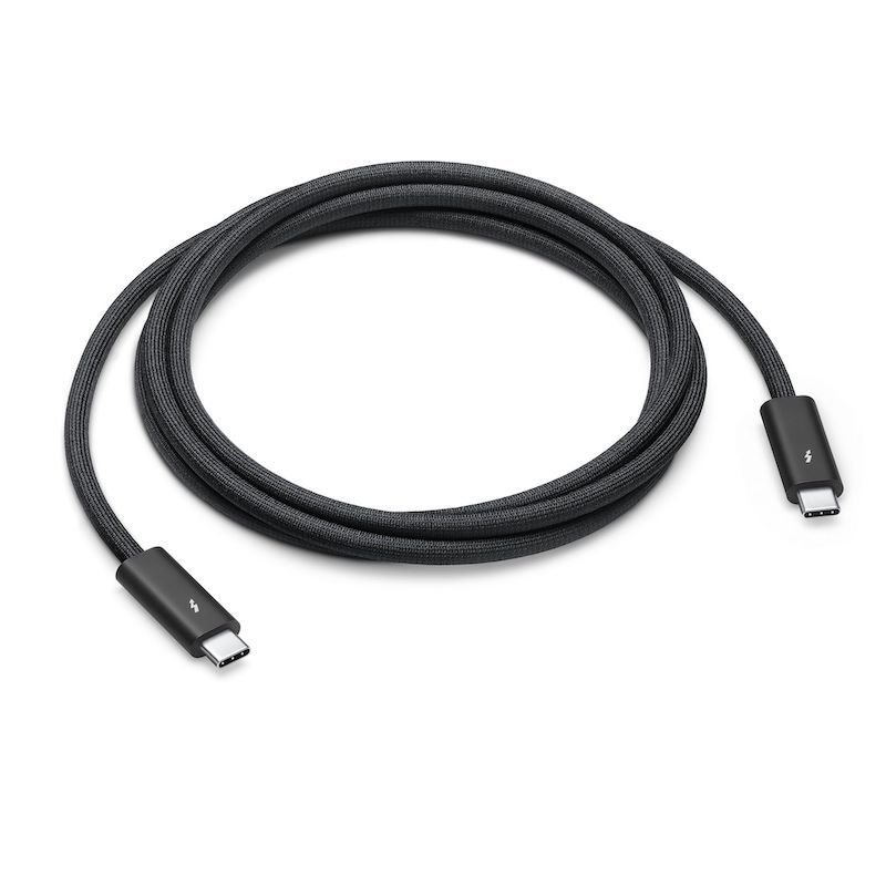 Apple's new Thunderbolt 4 Pro cable features a black-colored braided design that coils without tangling. This is available in two length options and it supports Thunderbolt 3, Thunderbolt 4, and USB 4 data transfer up to 40Gb/s. It also supports power delivery up to 100W.