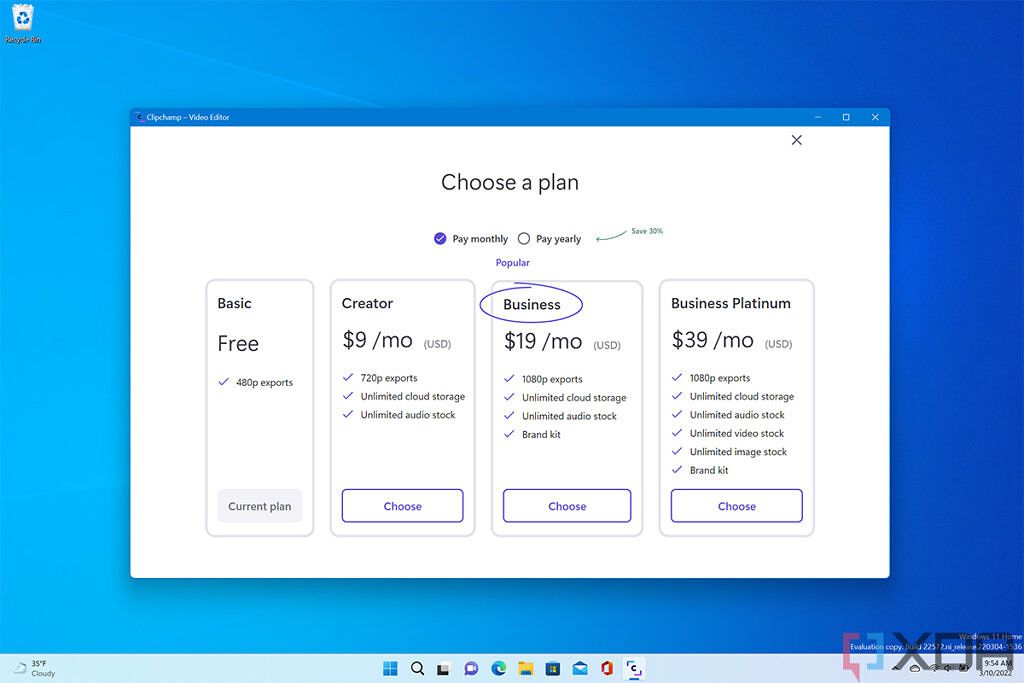Screenshot of Clipchamp subscription prices