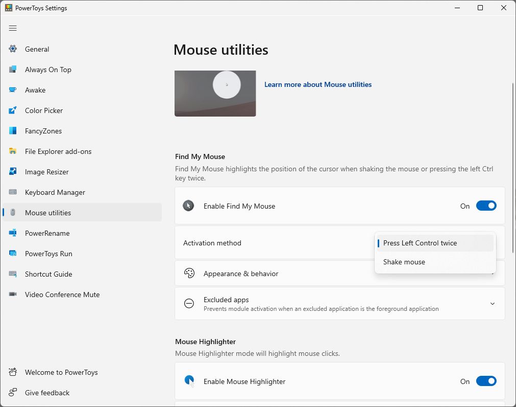 Find My Mouse PowerToys settings showing the option to highlight the mouse cursor by shaking it