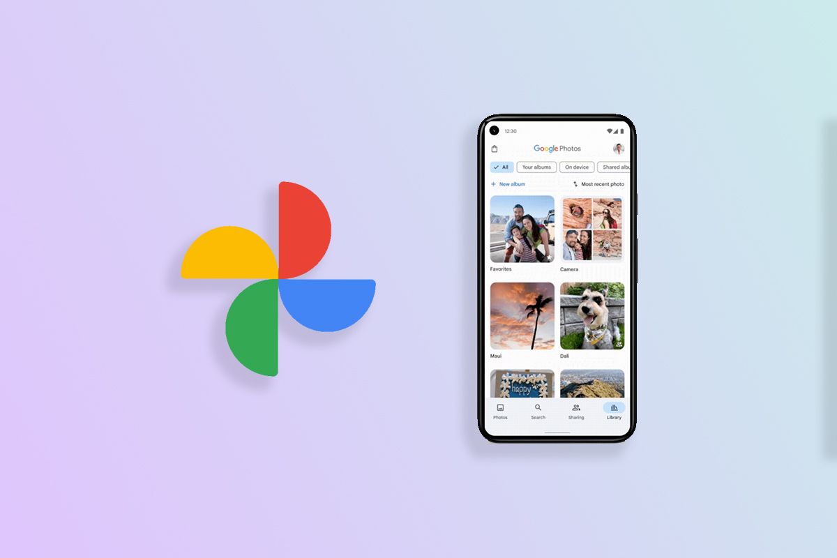Google Photos Library tab changes screenshot on gradient background with Photos logo
