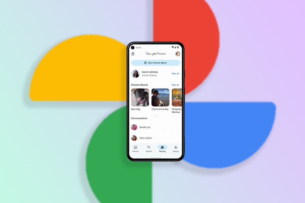 Google Photos screenshot showing new sharing tab on gradient background with blurred app logo