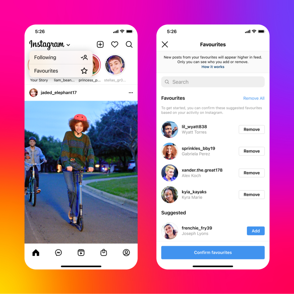 Instagram screenshots showing new Following and Favorites filters
