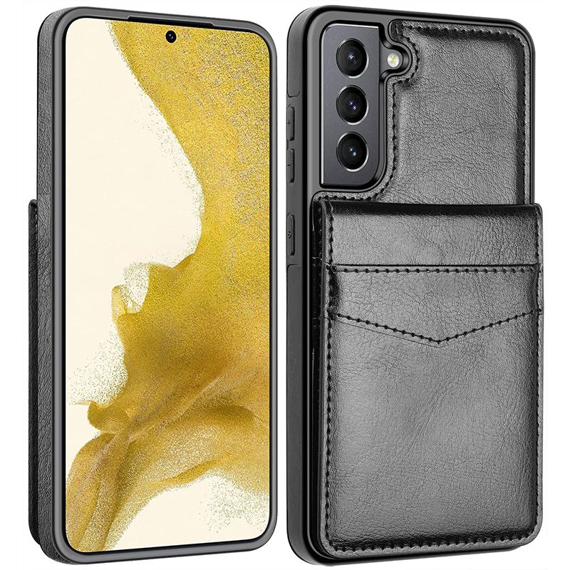The LakiBeibi Leather Case for Galaxy S22 Plus has a unique design with a foldable wallet on the back that has space for up to four cards and some cash.