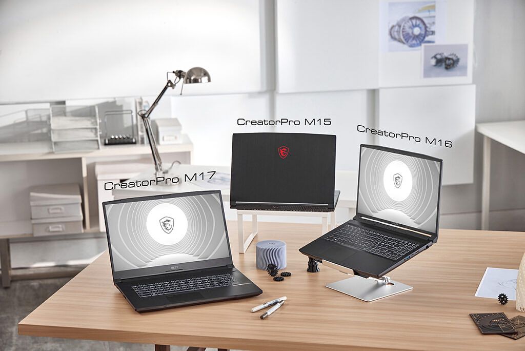MSI CreatorPro M17, M16, and M15 on a desk
