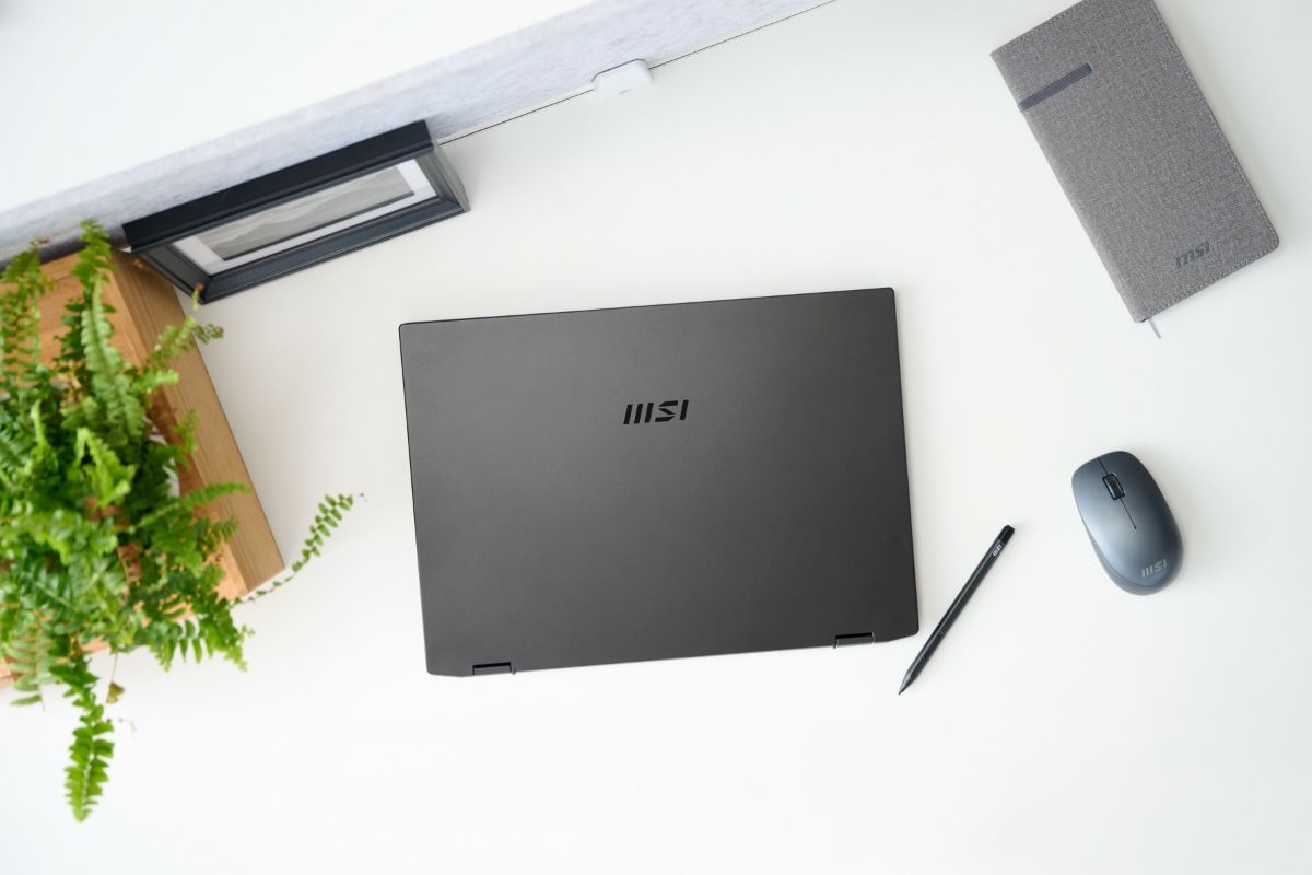 Overhead view of MSI Summit E16 Flip laptop with the lid closed