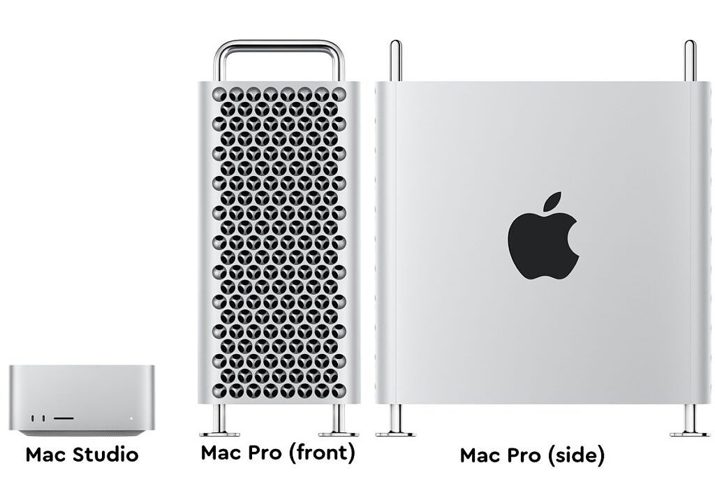 Front view of the Mac Studio next to front and side views of Mac Pro scaled to their real-life size