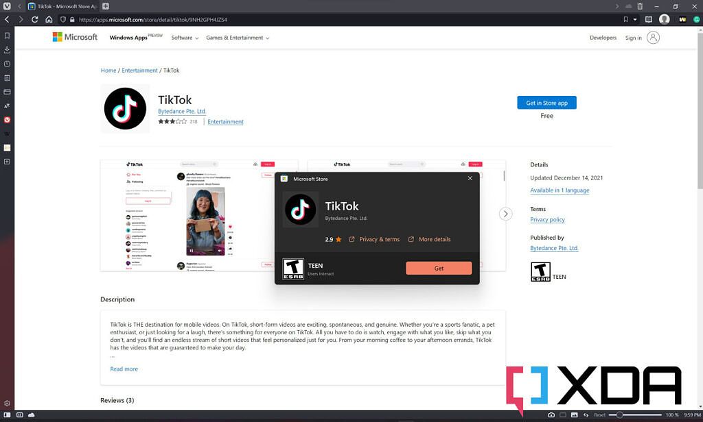 Microsoft Store pop-up window to install TikTok from the web