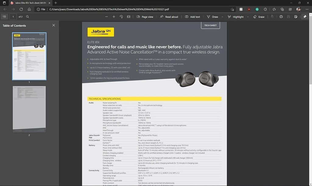 A PDF file open in Microsoft Edge 99 showing page thumbnails on the left side of the screen