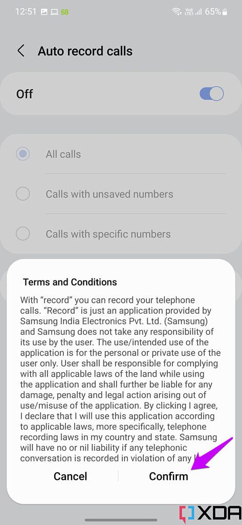 Phone app settings screenshot from Galaxy S22 with arrow pointing at Confirm button in the terms and conditions pop up