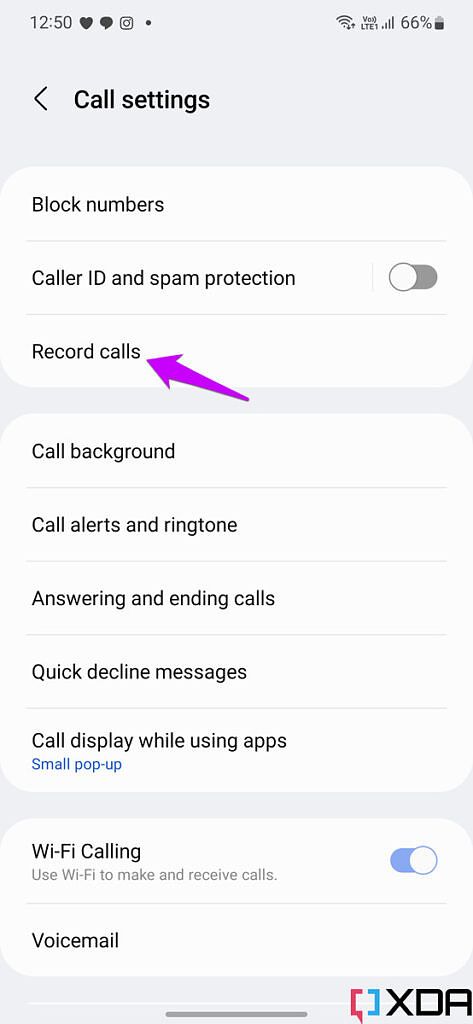 Phone app settings screenshot from Galaxy S22 with arrow pointing at Record calls option