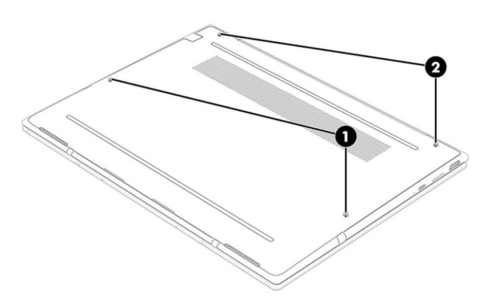 Illustration showing how to remove the screws at the bottom of the HP Elite Dragonfly G3