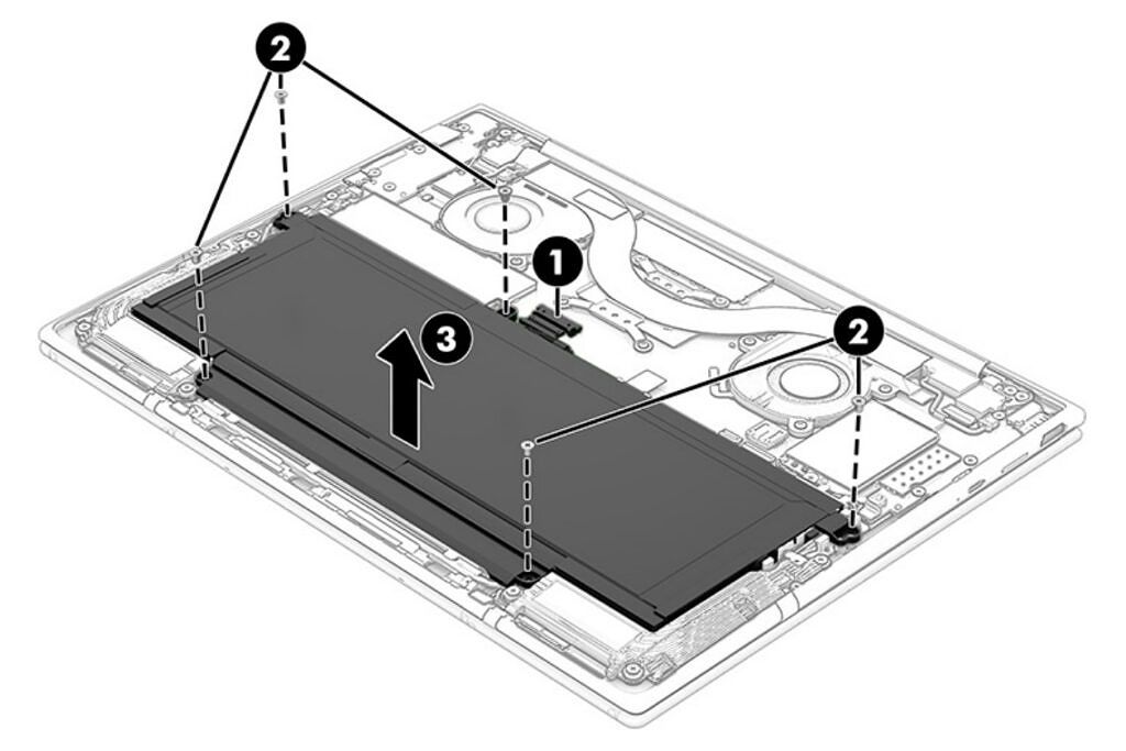 Illustration showing how to remove the battery from the HP Elite Dragonfly G3