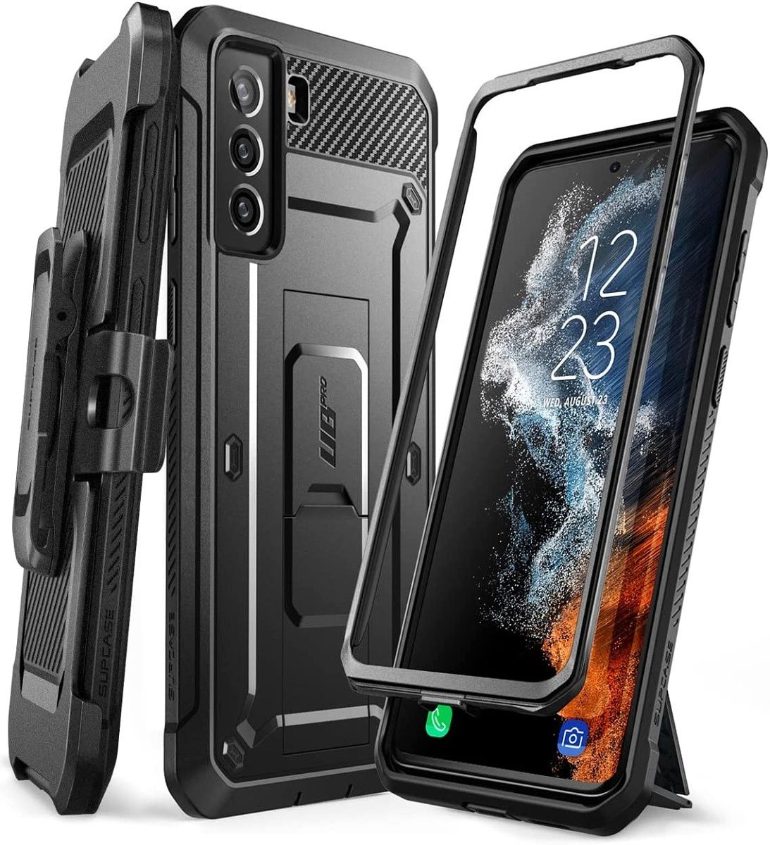This case from SUPCASE features a dual-layer rugged body for the best-in-class protection. Also comes with a built-in kickstand and a detachable rotating belt clip. 