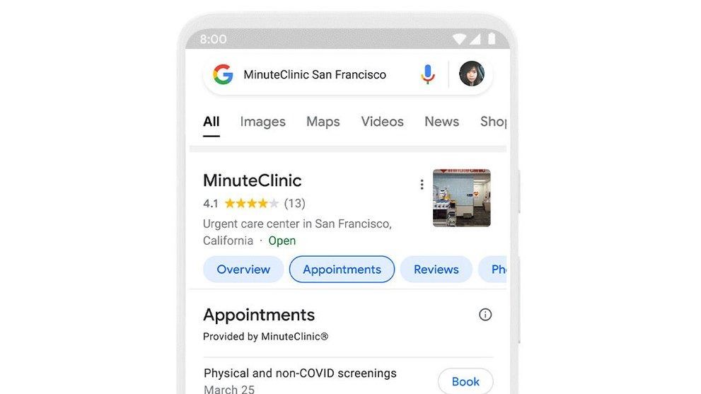 CVS in Google Search with appointments