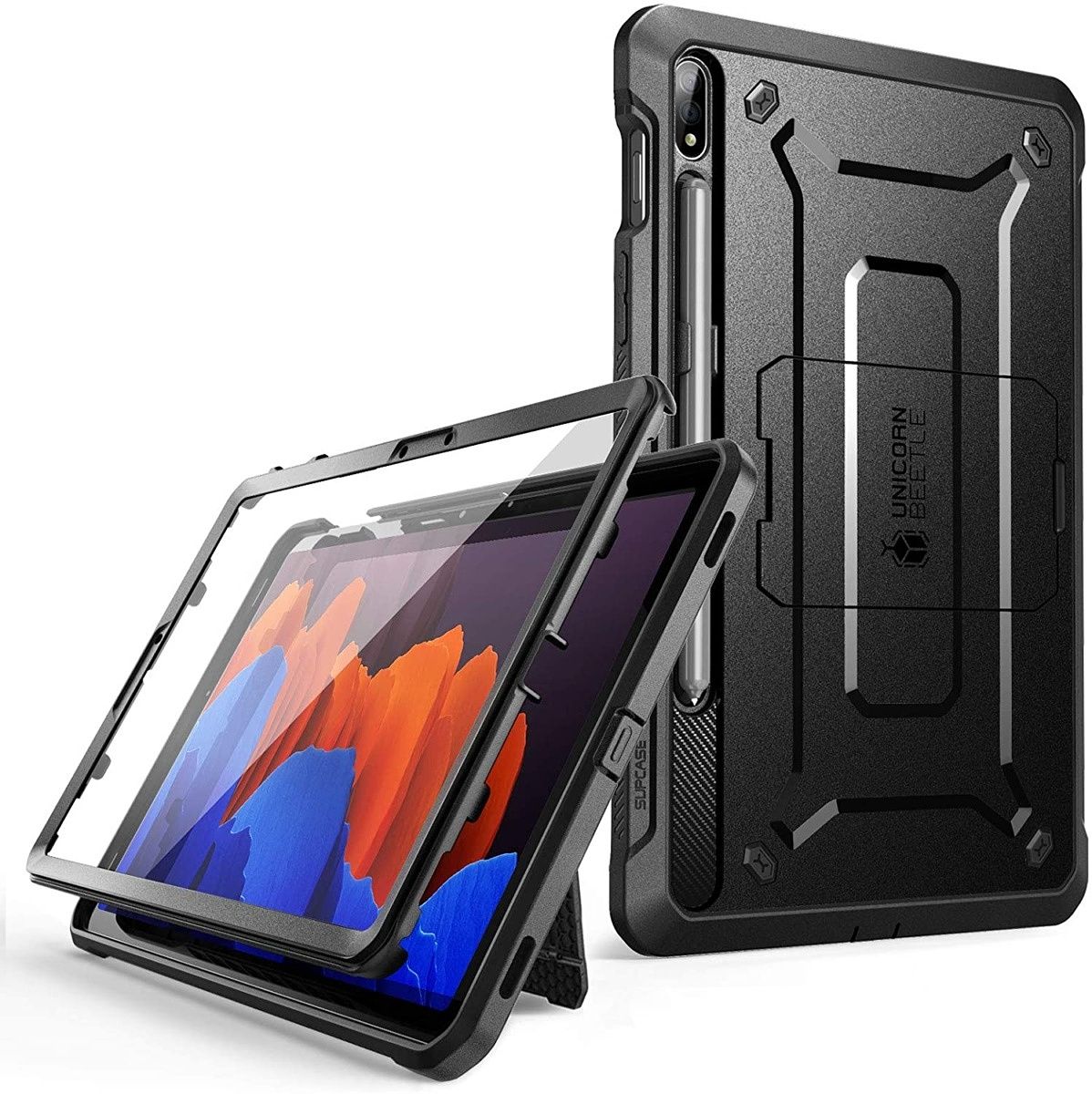 This case offers 360º protection, thanks to its built-in screen protector. It has an S Pen holder as well, so you don't have to worry about that.