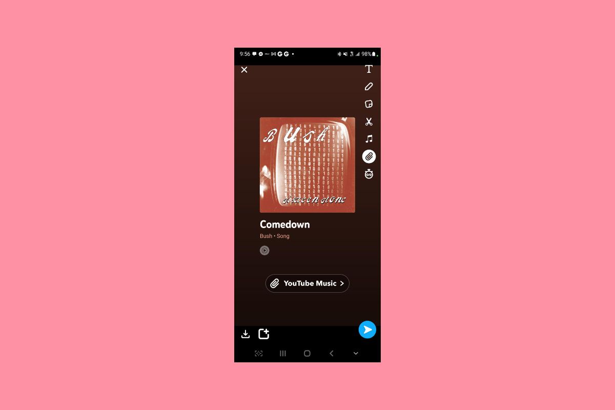 YouTube Music Snapchat story on a solid pink background