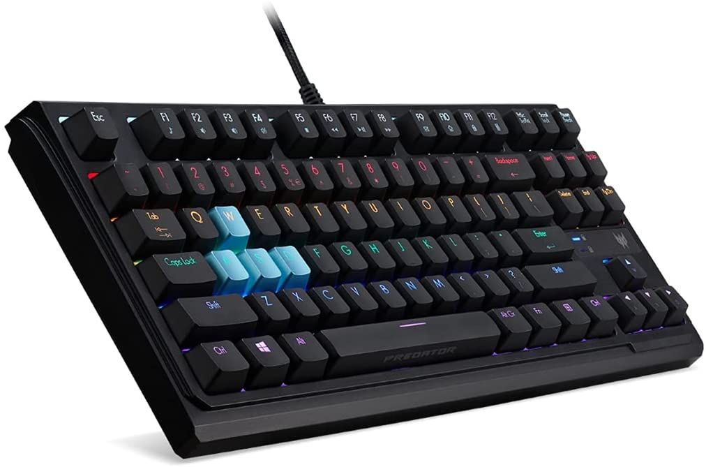 If you're planning to play some games, a mechanical keyboard is something you'll probably want. This one comes in a compact tenkeyless design and it uses Gateron Blue switches, plus it supports RGB lighting and it has blue WASD keycaps for an extra touch of personality.
