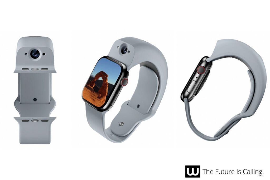 The Wristcam accessory adds a camera to the Apple Watch. It comes in three colors. The model shown is grey. 