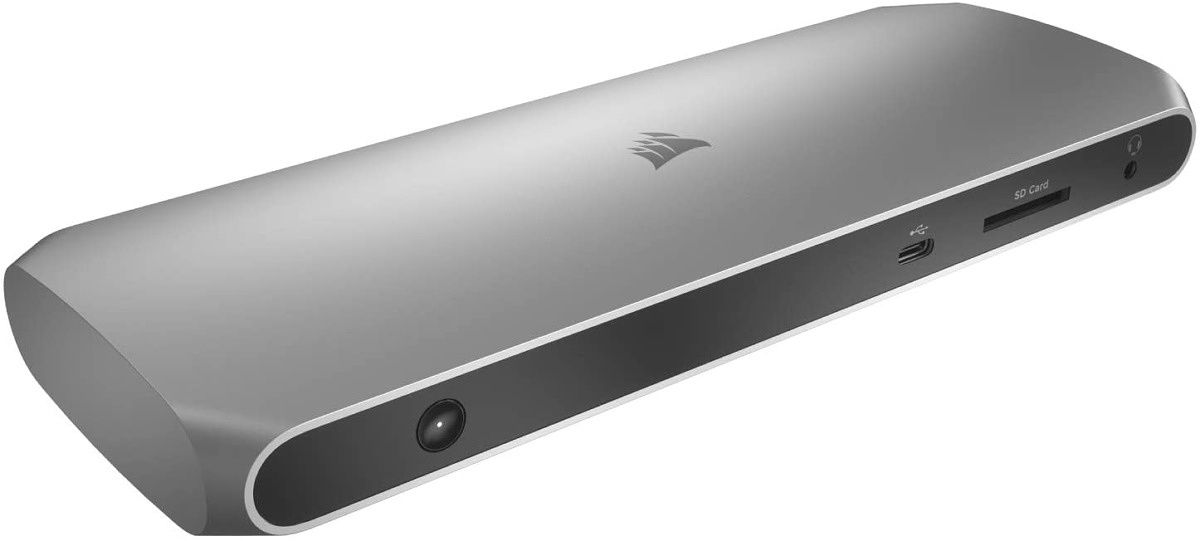 The Corsair TBT100 dock is extra slim and opts for a wider design, but it still has a good supply of ports - two USB Type-A ports, two USB Type-C, two HDMI outputs, and Gigabit Ethernet. Plus, it has an SD card reader and it can charge your laptop at 85W.