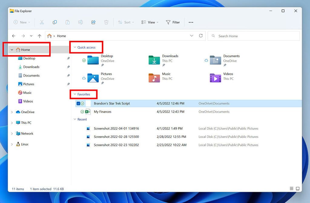 File Explorer Home page in Windows 11