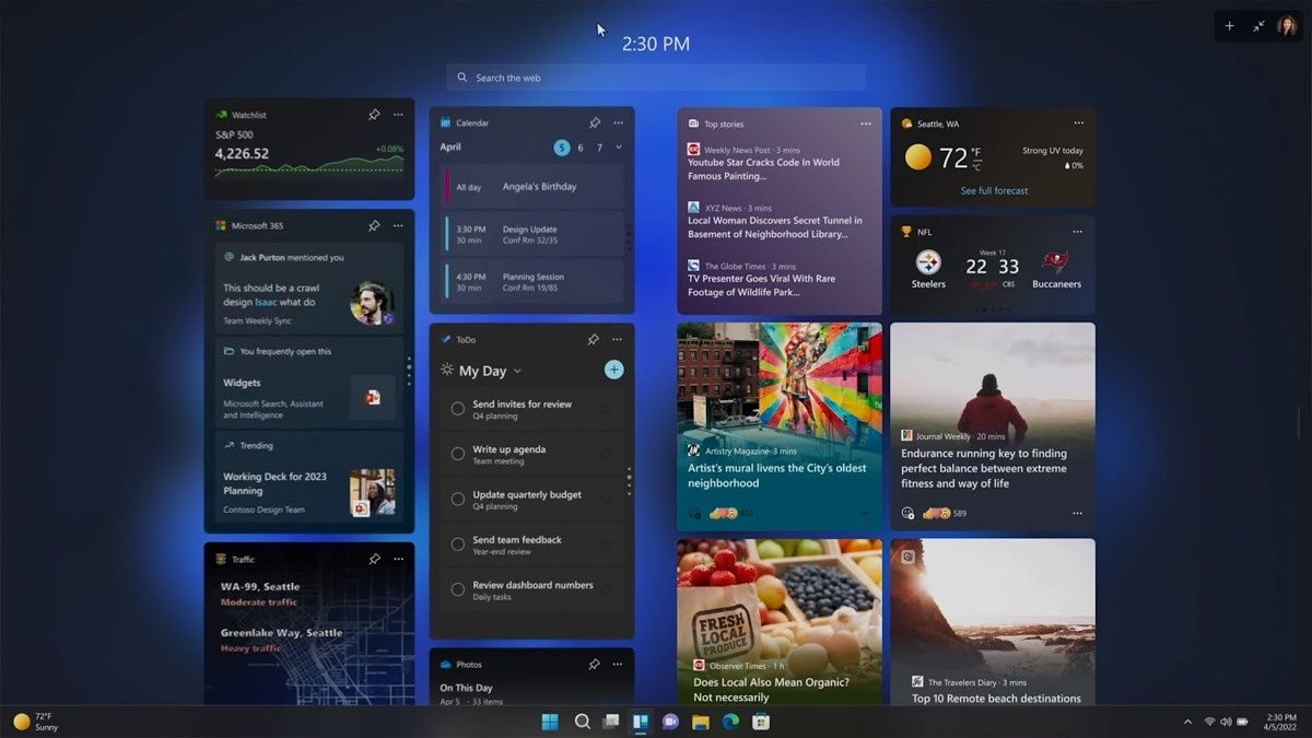 Full-screen Widgets page in Windows 11