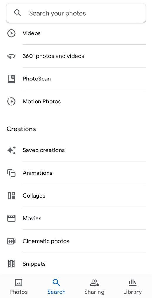 Google Photos Snippets Creations option screenshot