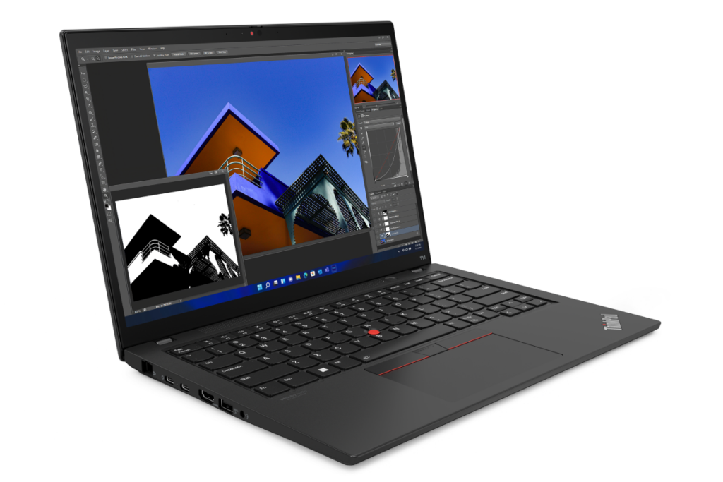 Lenovo ThinkPad T14 seen from the front at a left-side angle