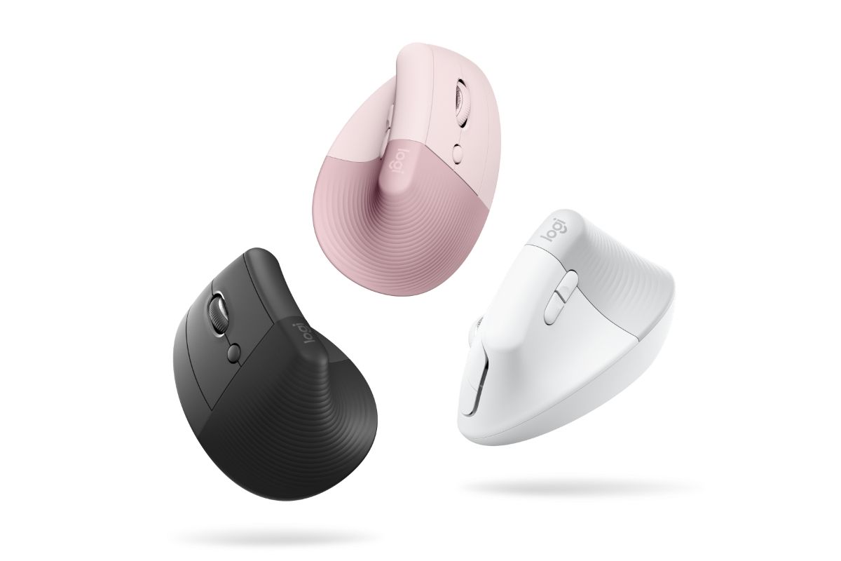 Logitech Lift Vertical Ergonomic Mouse in graphite, off-white, and rose