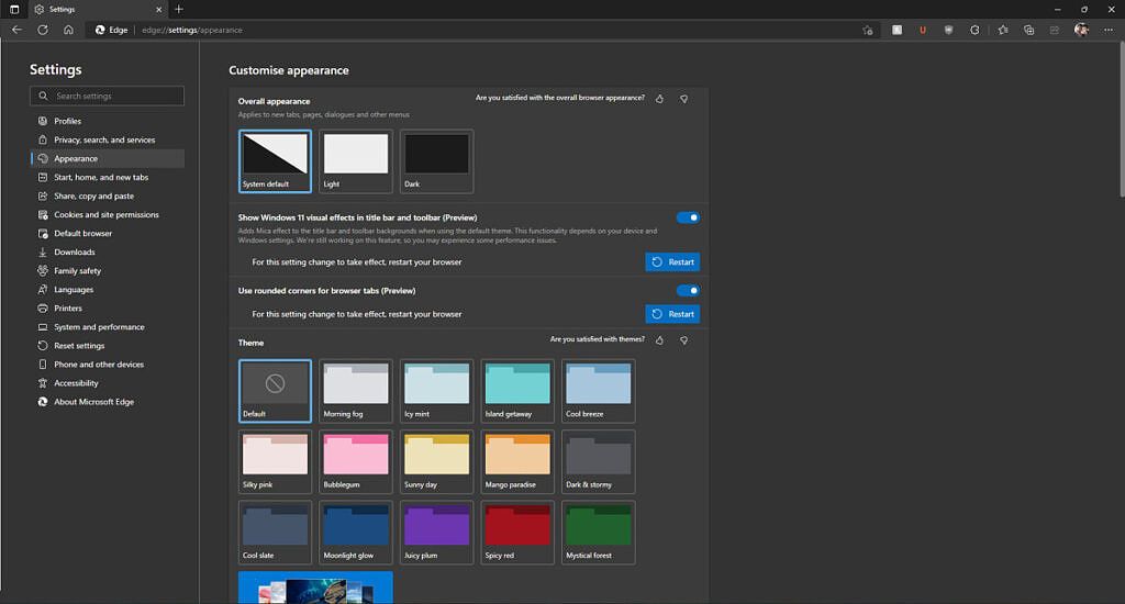 MIcrosoft Edge appearance settings with new features enabled