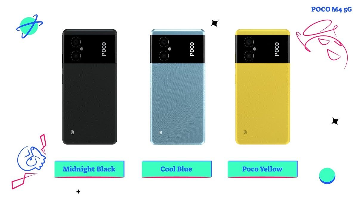 POCO M4 5G in black, blue and yellow colors