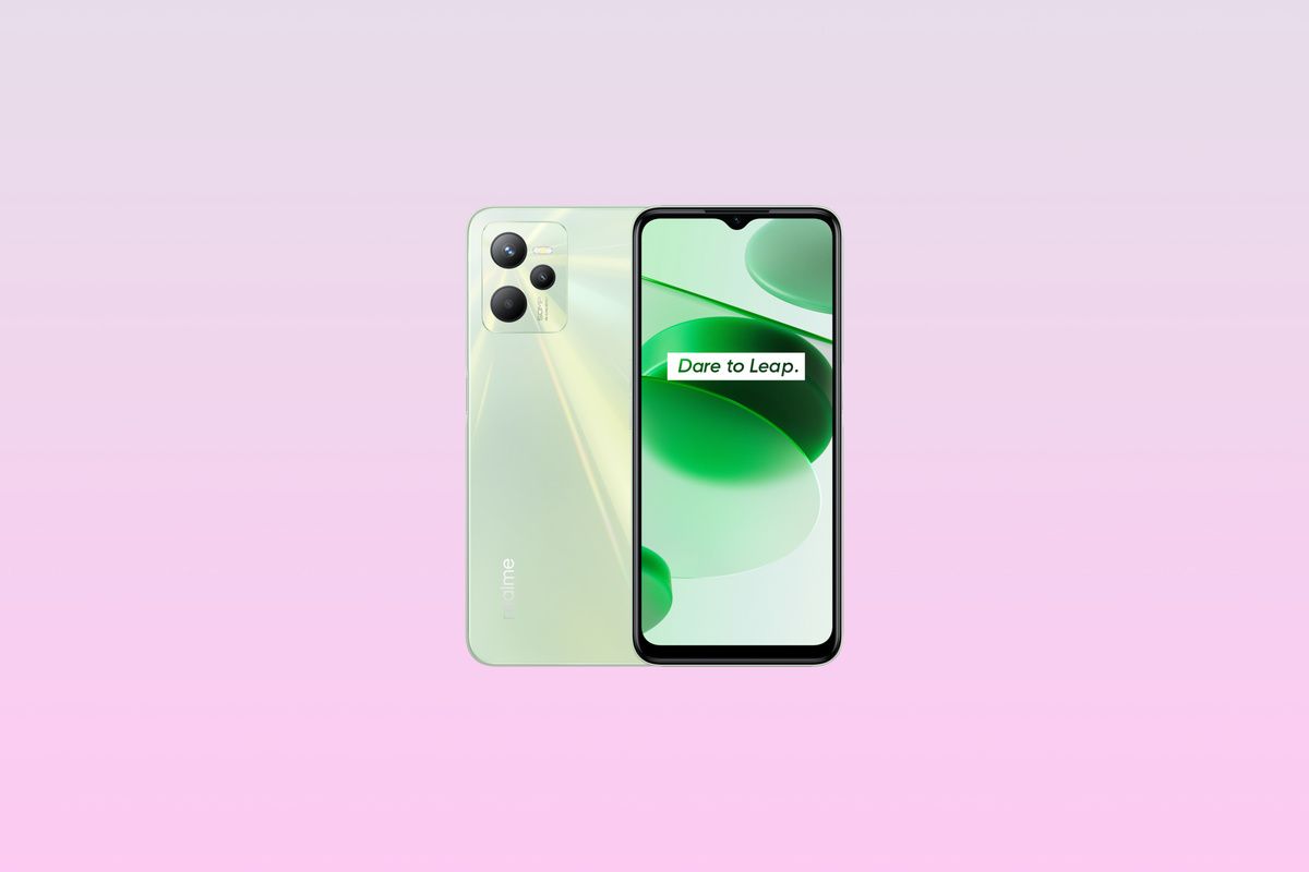 Realme C35 in green color shown over a light pink background