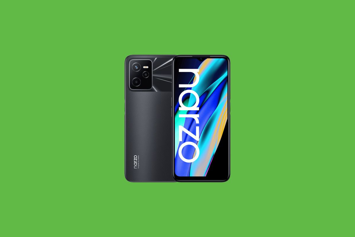 Realme Narzo 50A Prime in black color displayed over a solid green background