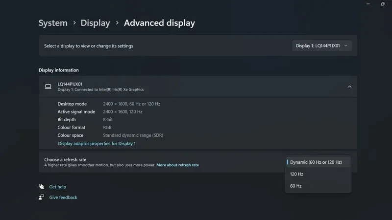 Dynamic refresh rate option in the WIndows 11 Settings app on the Surface Laptop Studio