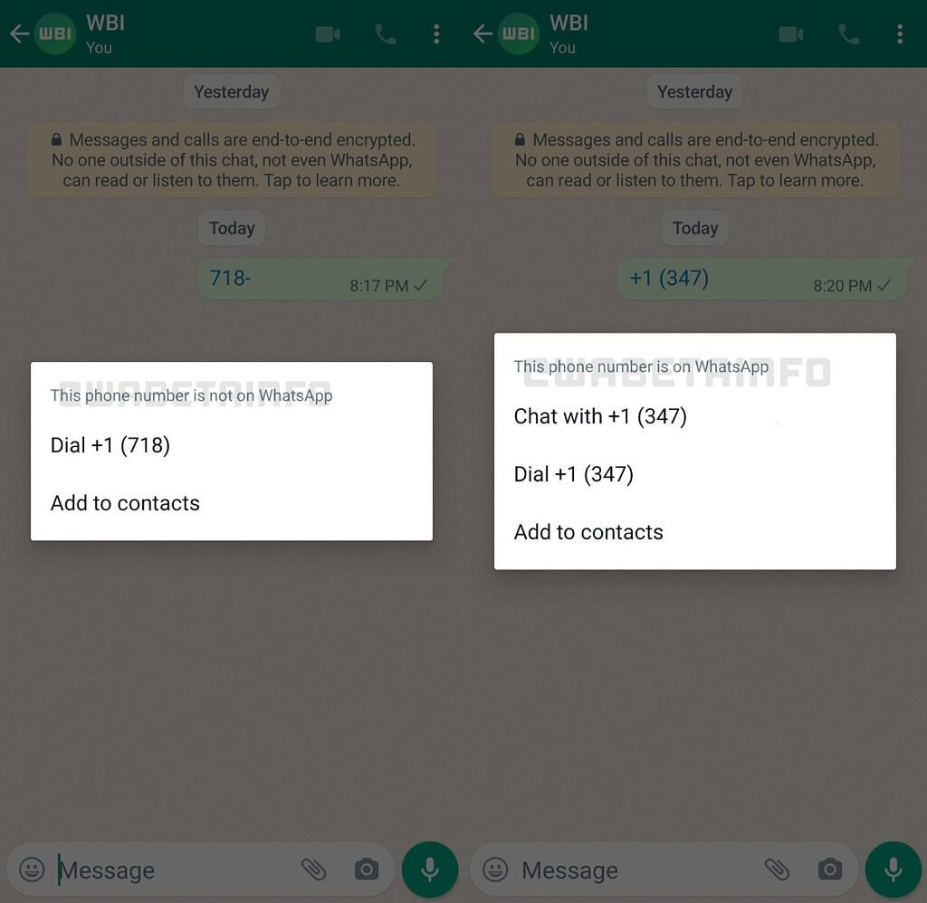 WhatsApp new phone number pop up menu via WABetaInfo