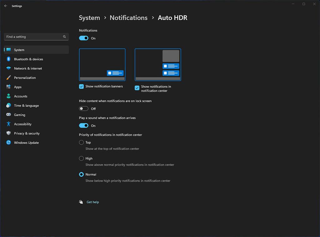 Windows 11 Auto HDR notification settings