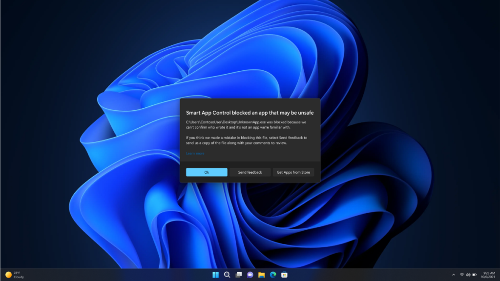 Windows 11 Smart App Control prompt flagging a potentially unsafe app