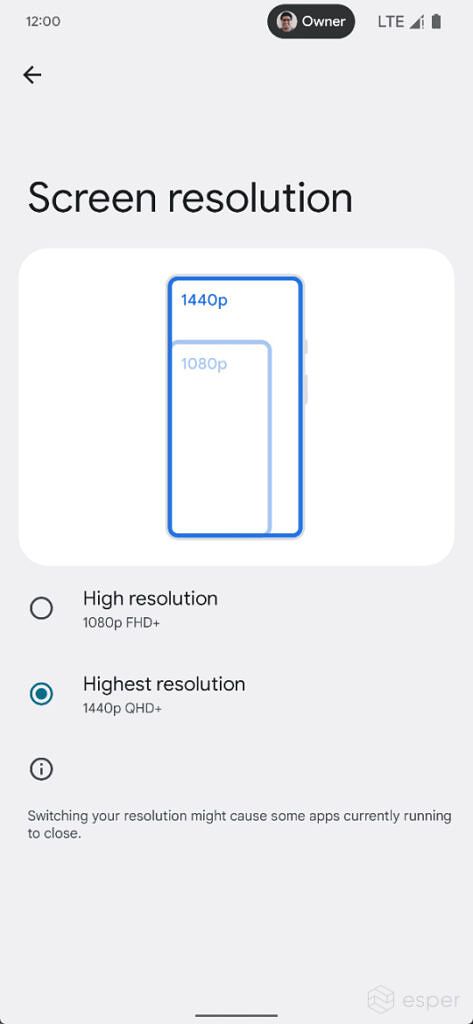 Screen resolution settings page with two options