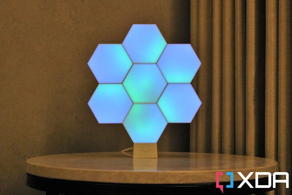 Cololight Hexagon Light Plus Kit assembled in a flower pattern