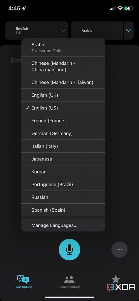 iOS translate language list