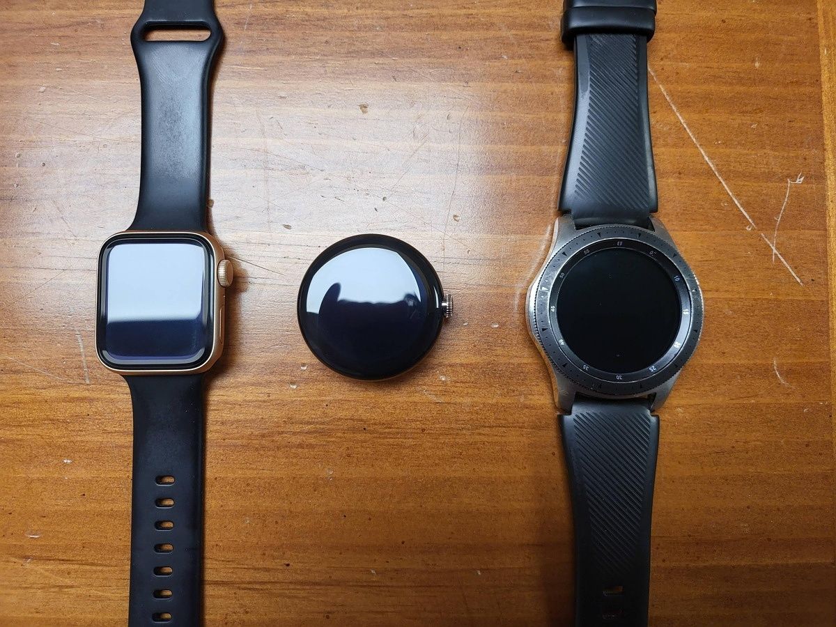 leaked Pixel Watch next to Apple Watch 40mm and Galaxy Watch 46mm