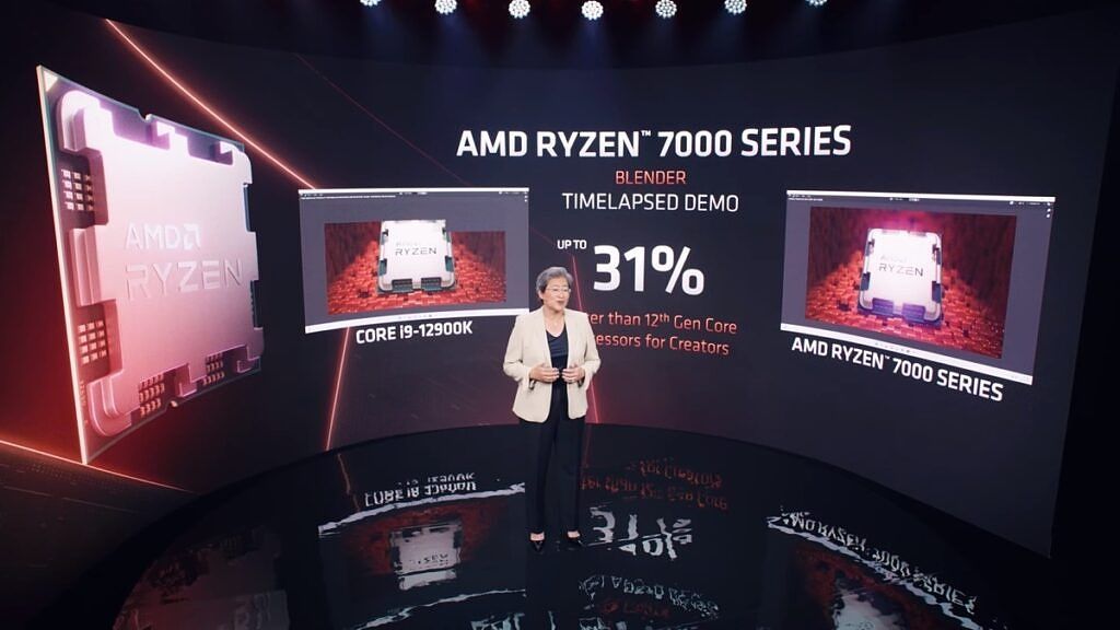 AMD Ryzen 7000 processor shown performing 31% faster in a Blender workload compared to an Intel Core i9-12900K