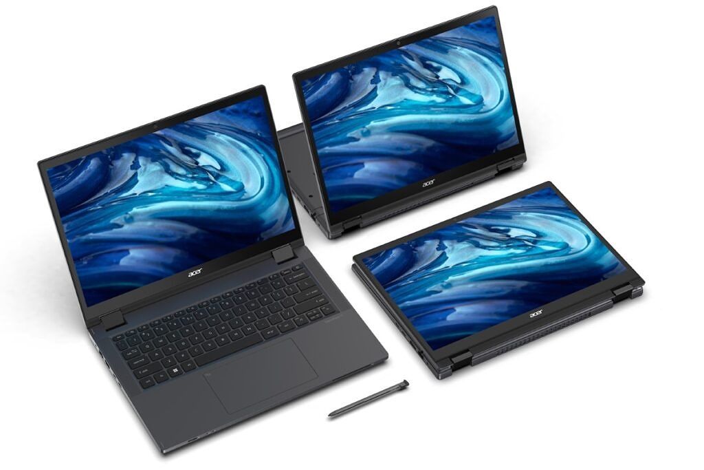 Acer TravelMate Spin P4 laptop in various stances
