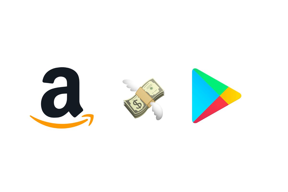 Amazon and Play Store logo with bundle of money with wings in the center