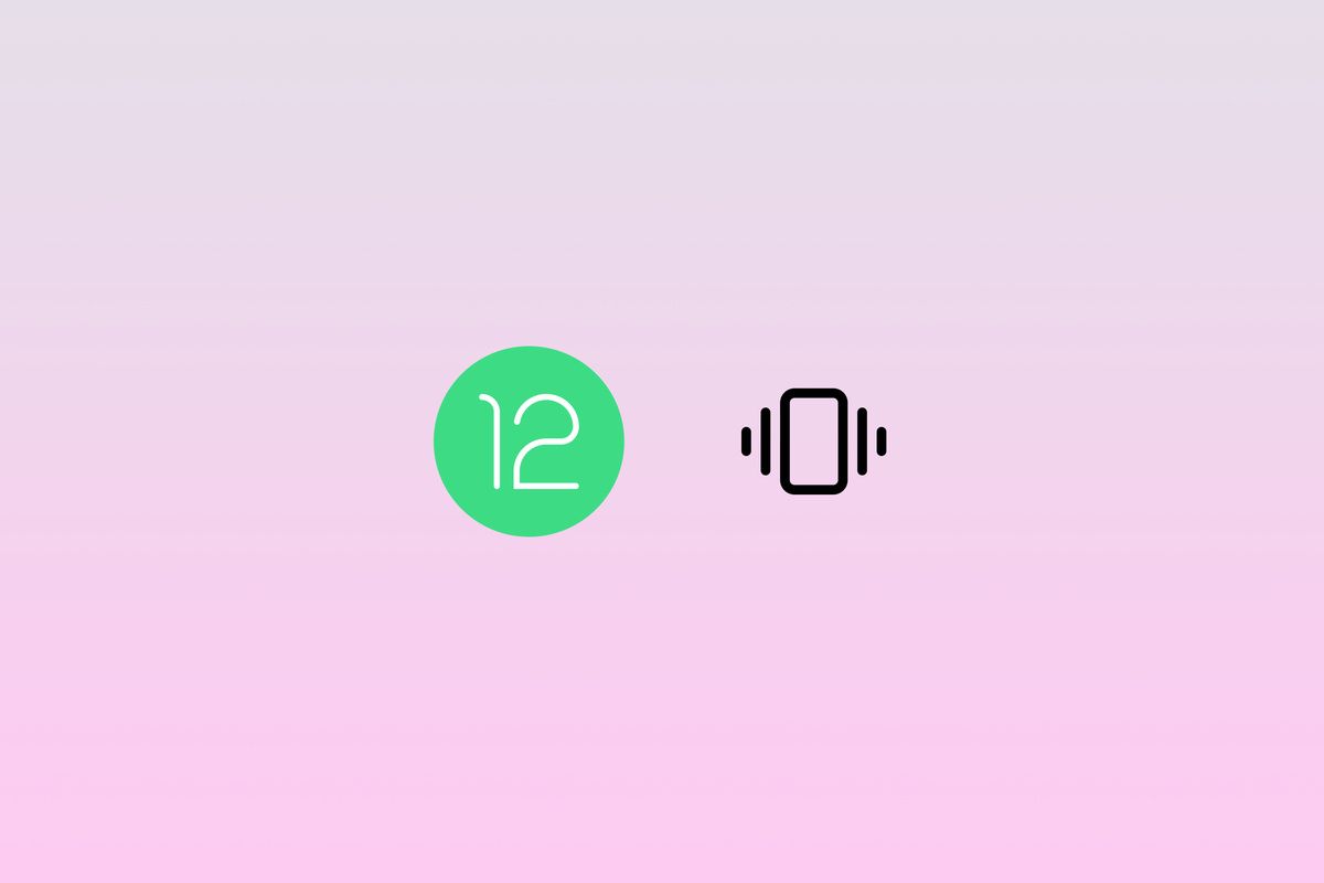 Android 12 icon and a vibration icon displayed over a pink background