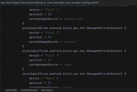 Dispositivos administrados por Gradle de la versión beta de Android Studio Dolphin